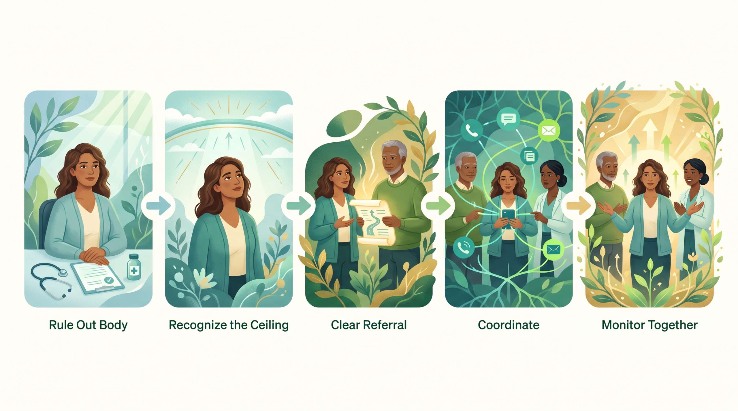 A five-step flow diagram showing the collaborative care pathway: rule out body first, recognize neurological ceiling, clear referral protocol, coordinate care, monitor body mind and soul together. The same client, counselor, and prescriber recur across all five panels. Arrows show forward flow, emphasizing the counselor stays engaged throughout.