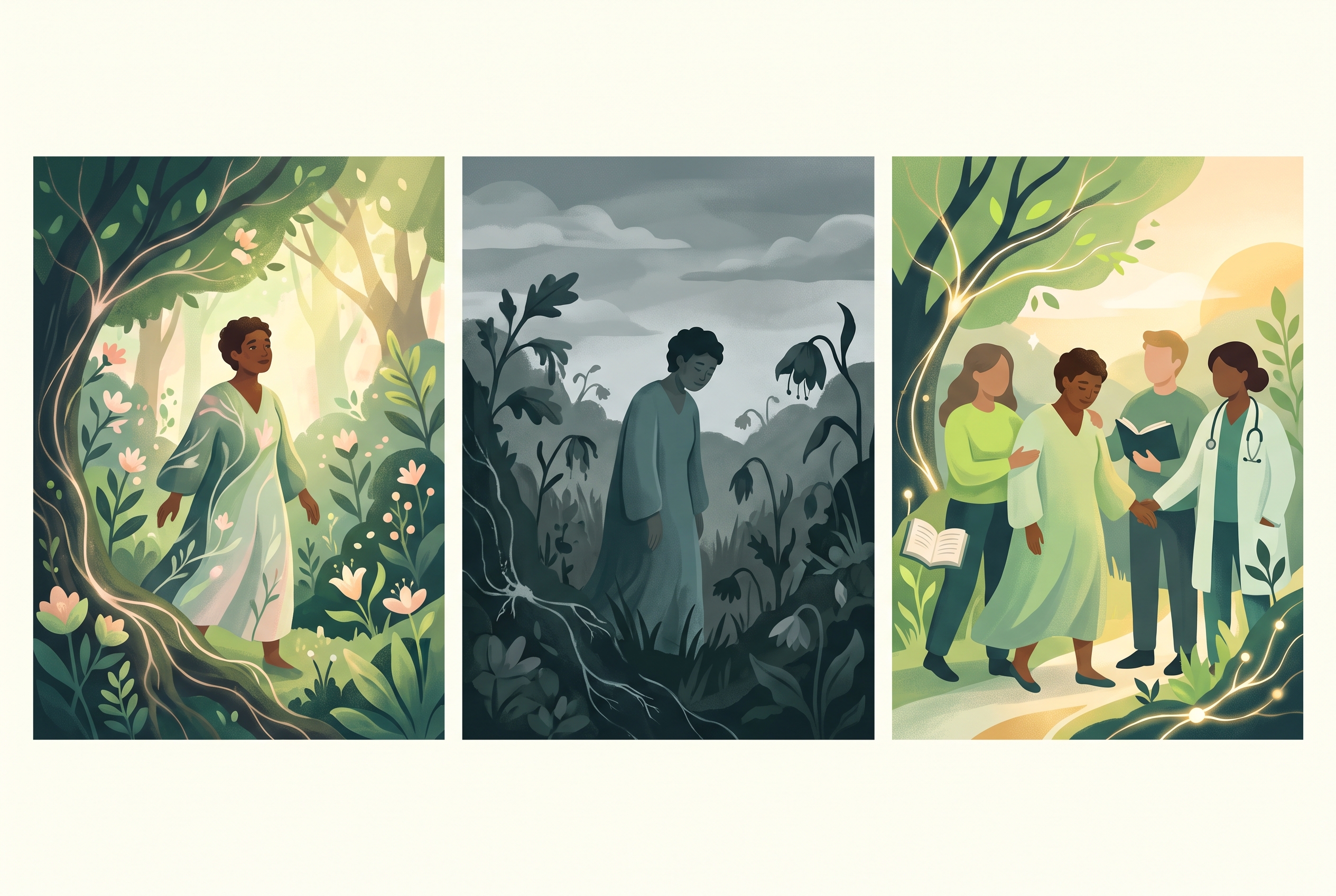 A three-panel diagram illustrating Creation (a person whole in God's good creation), Fall (the same person amid decay and struggle), and Redemption (the person being cared for and recovering through multiple means: faith, medicine, community, and time).