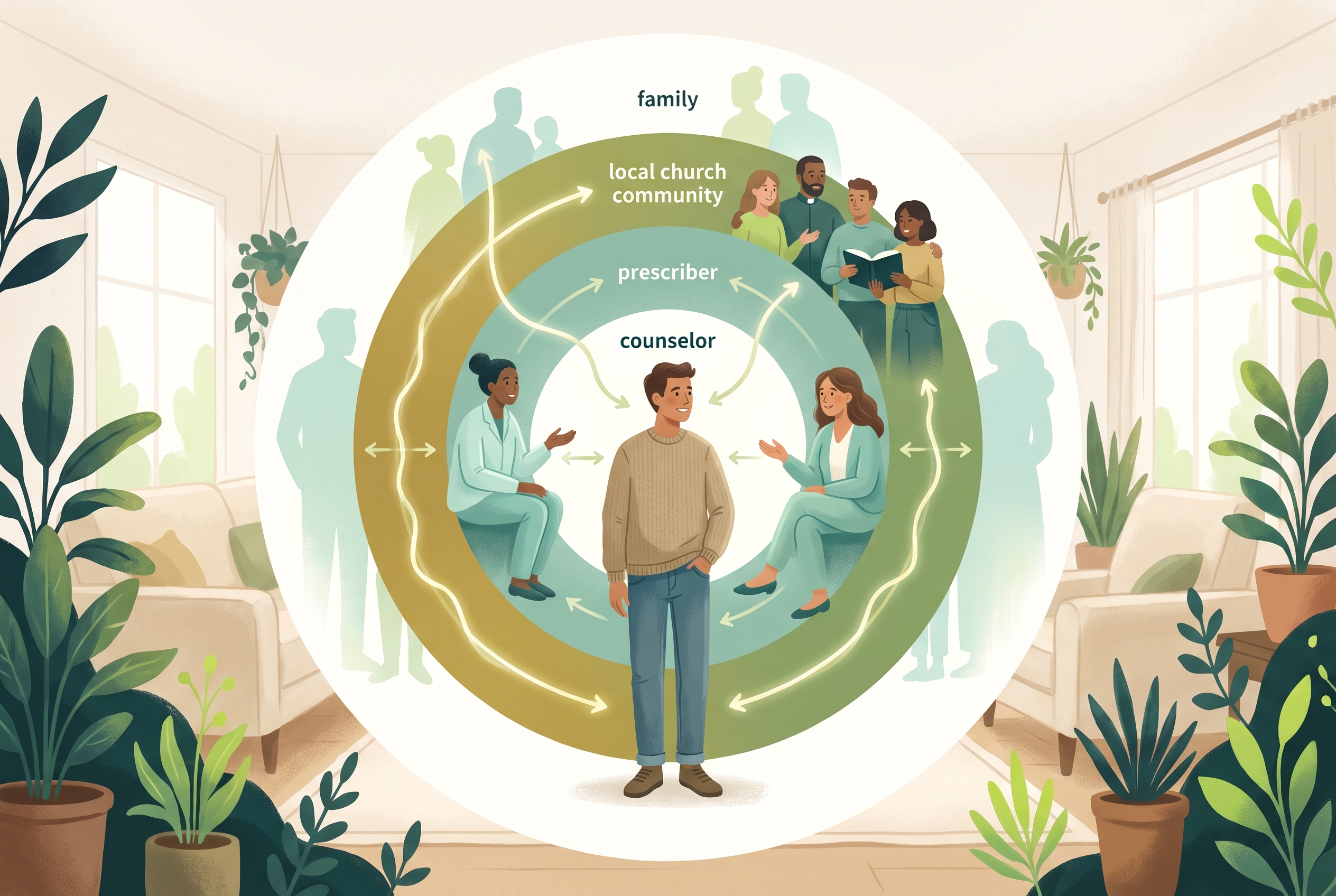 A concentric-circle diagram with a person at the center, surrounded by layers of care: an inner circle of counselor and prescriber, a middle circle of local church and faith community, and an outer circle suggesting family and wider community.