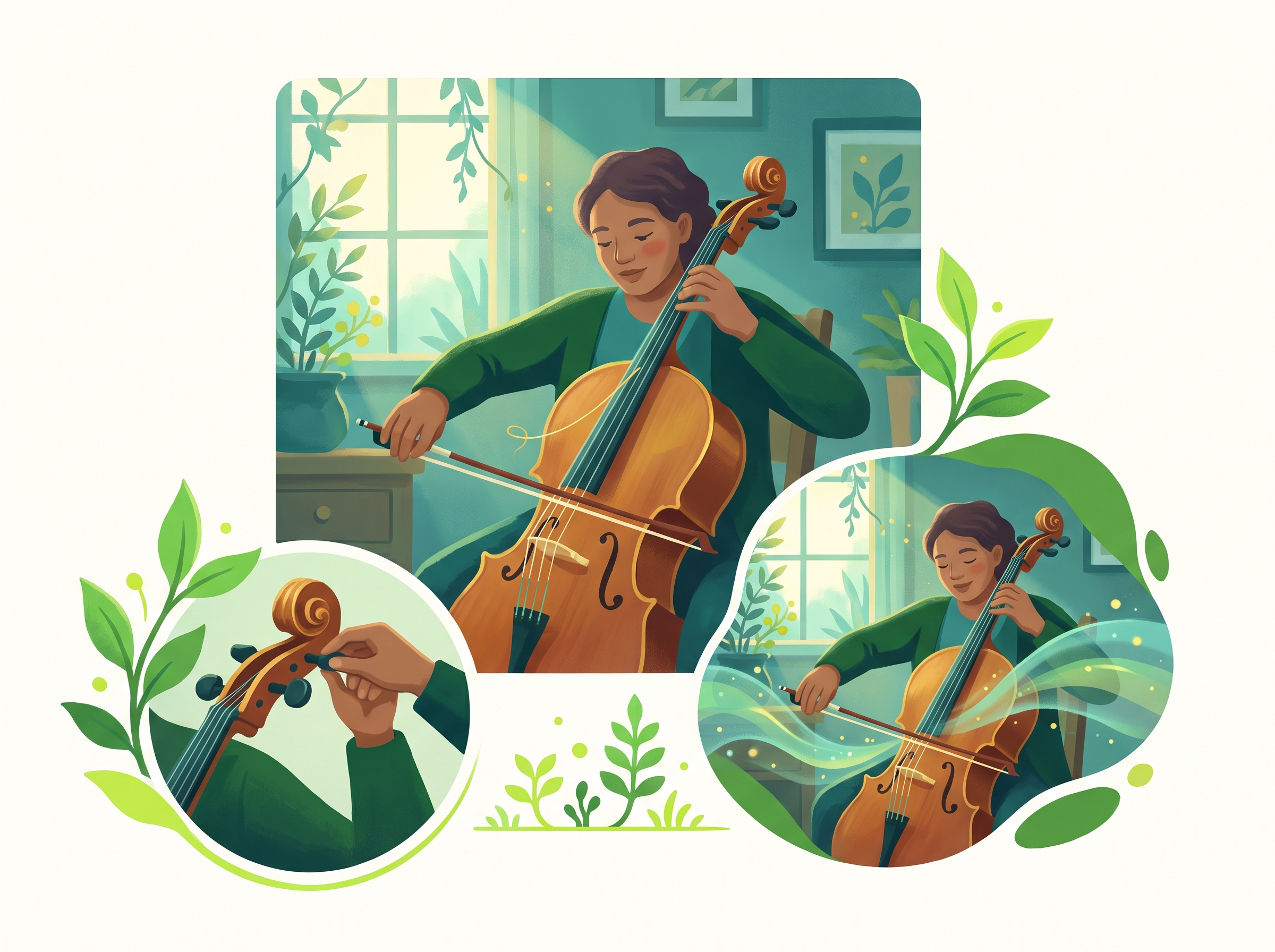 A three-panel illustration: a skilled musician with their instrument, the instrument being tuned with gentle care, and the musician now playing with the instrument fully resonant. The visual teaches that medication tunes the instrument (brain) but does not create the musician (the person).