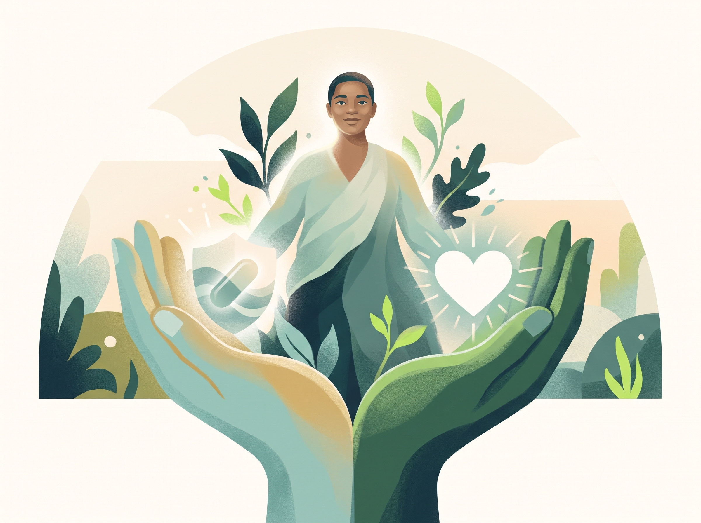 Two hands meeting in the center of an image — one hand (teal and gold, associated with medication) and one hand (green and teal, associated with therapy and counseling) — together supporting and lifting a person who looks calm and hopeful.