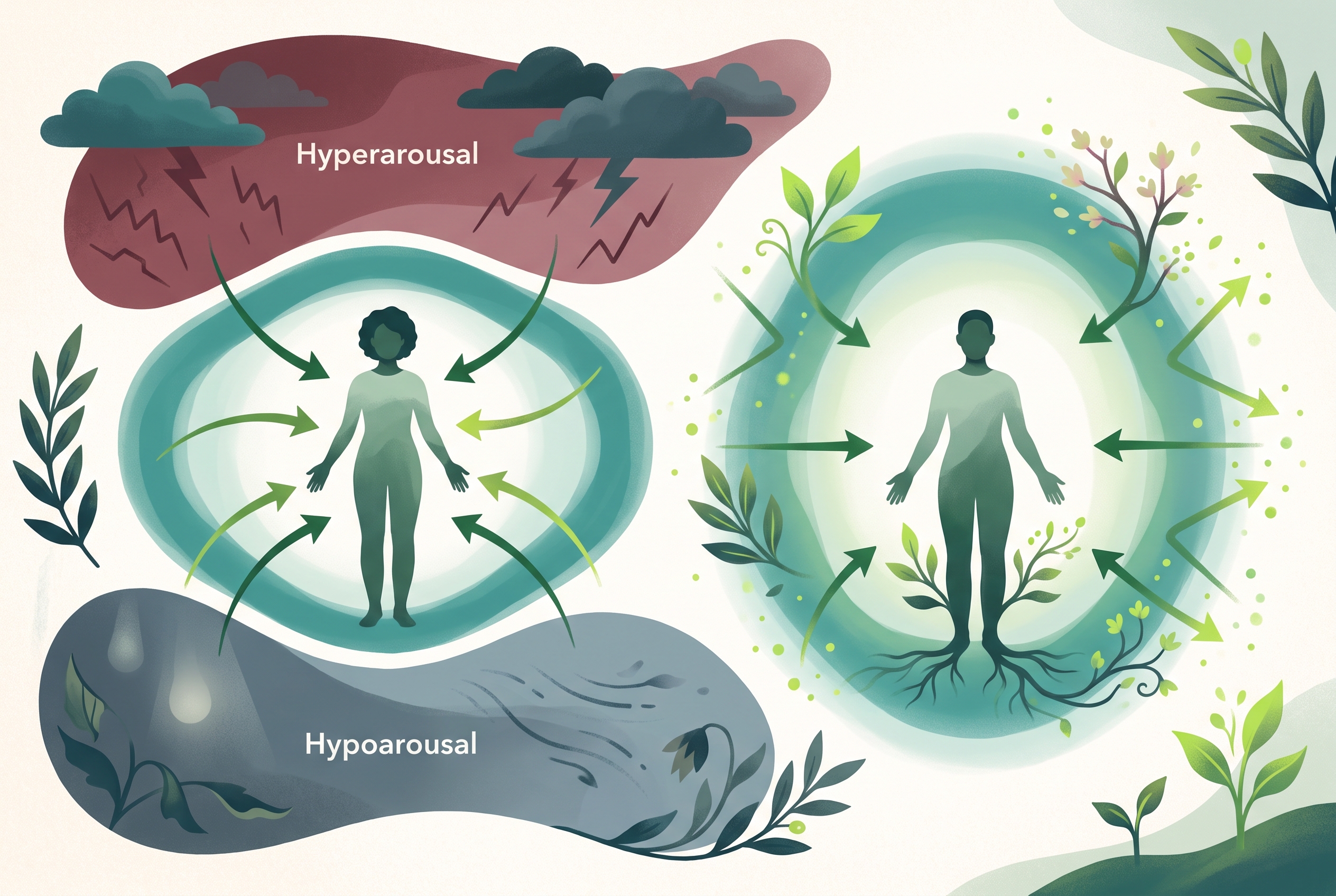 A diagram showing the nervous system's 'window of tolerance' as a band around a person's silhouette. Above and below the window are zones of hyperarousal (panic, racing thoughts) and hypoarousal (shutdown, numbness). A second diagram shows the window widening, allowing the person to stay calm despite the same stressors.
