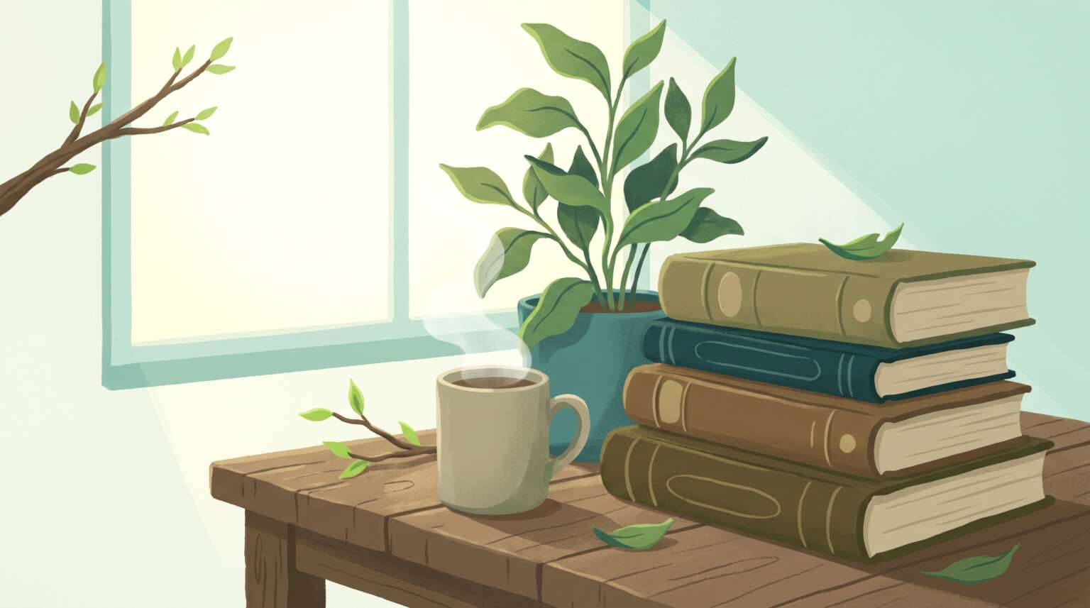 A stack of well-loved books with coffee in morning light — general reading for growth