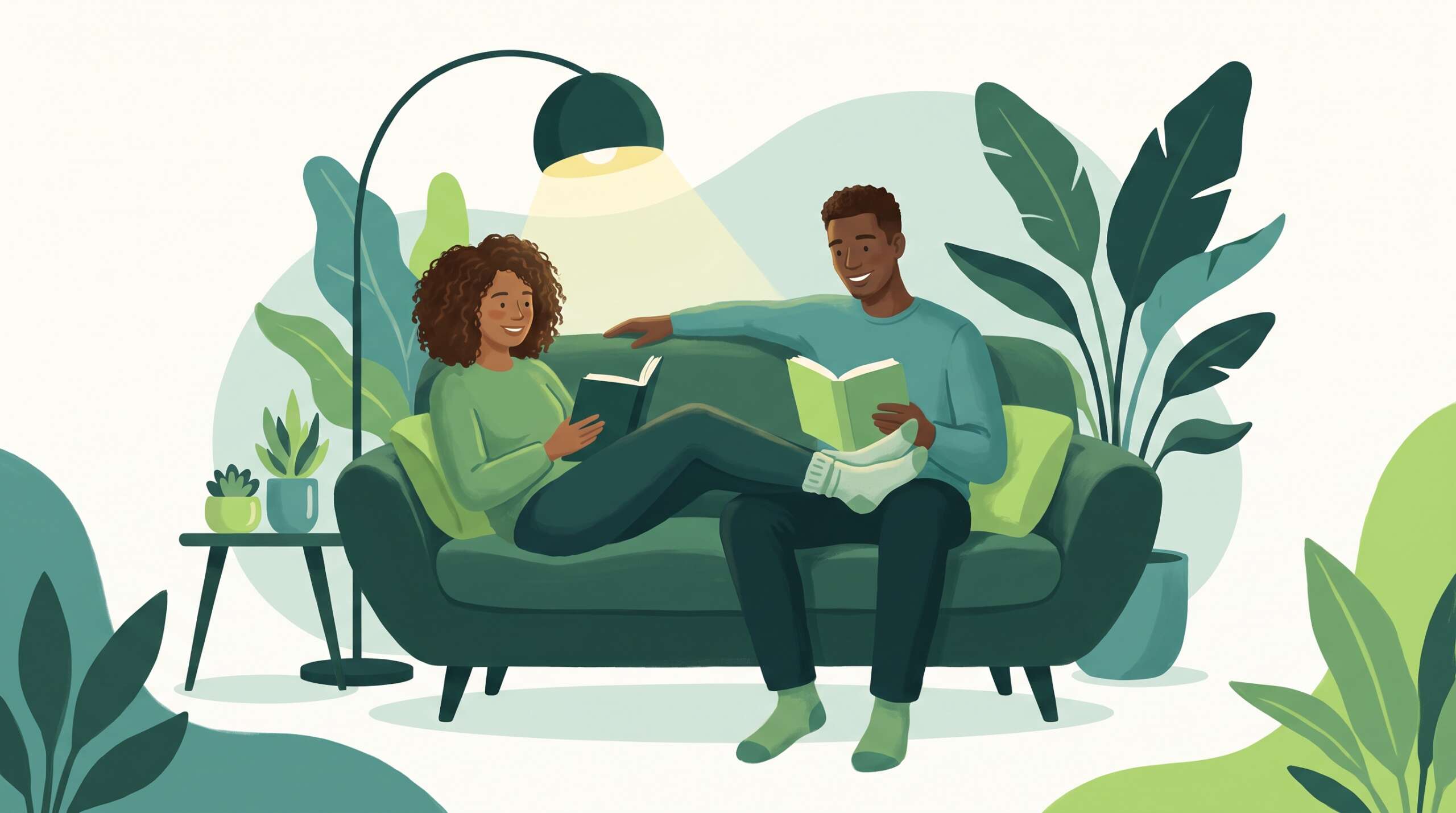 A couple reading together on a couch, feet up, relaxed — marriage books worth sharing
