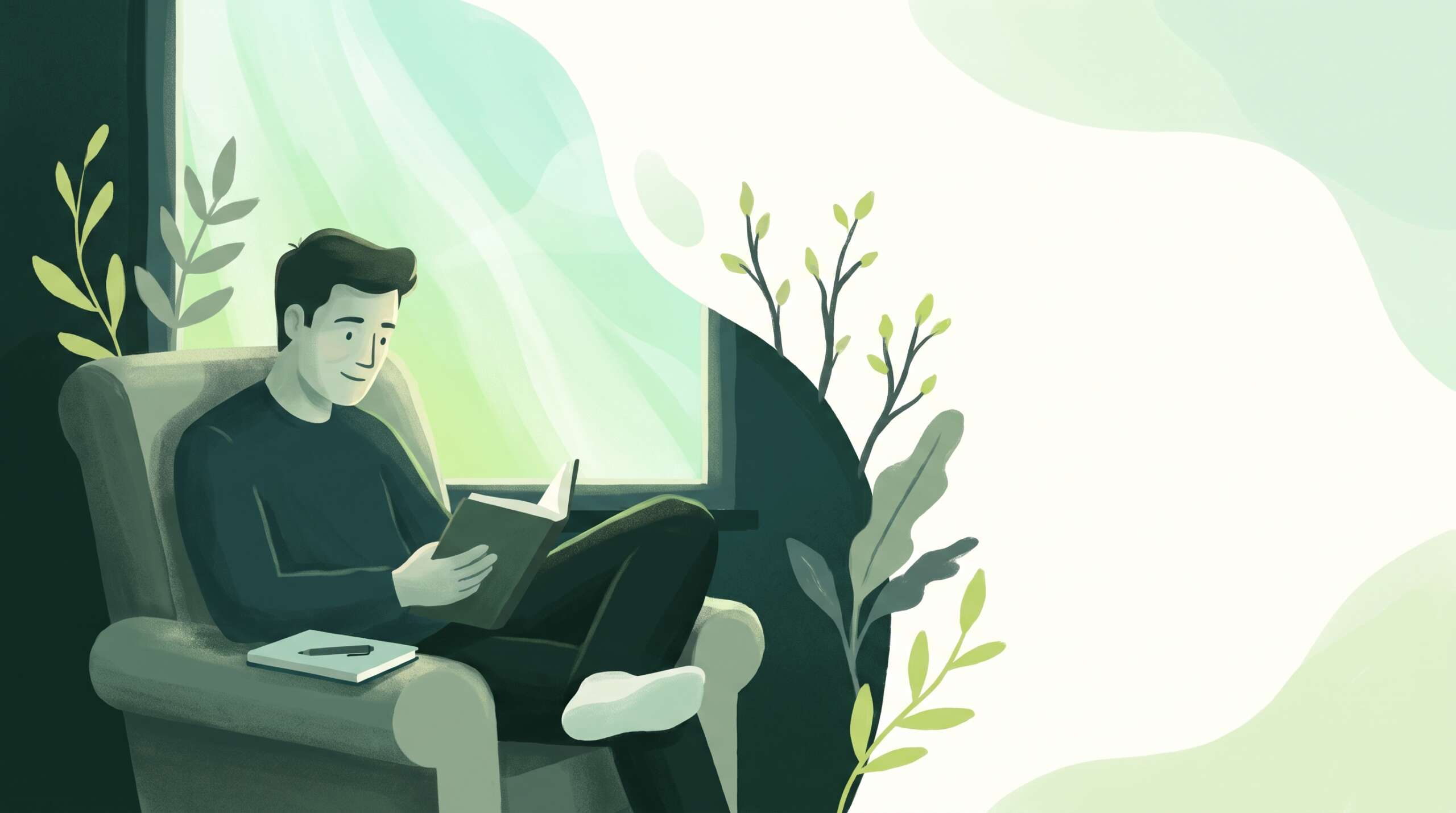 A man reading intently in an armchair at dawn with a notebook — reading for recovery