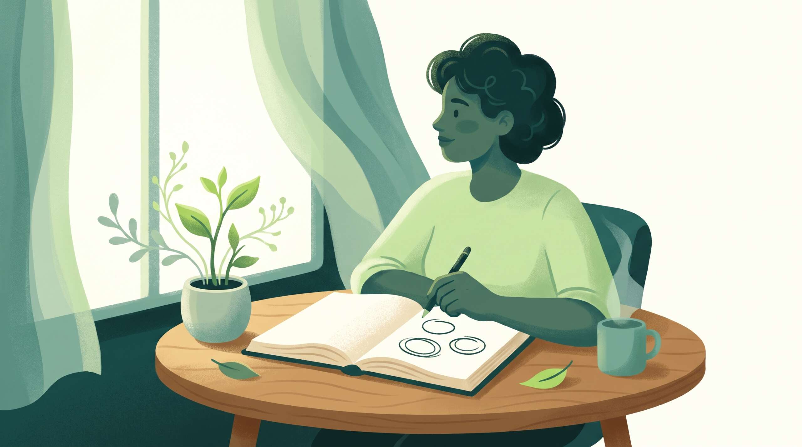 A person at a warm desk writing a recovery plan in an open notebook, three concentric circles sketched on the page, morning light, hopeful fresh start