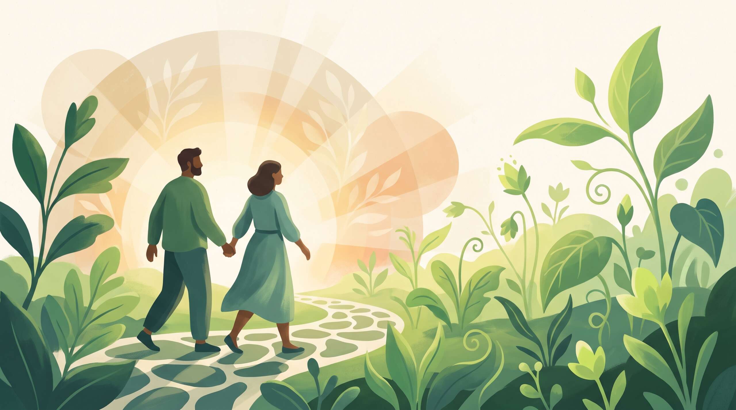 A couple stepping onto a garden path together at sunrise — next steps for your relationship