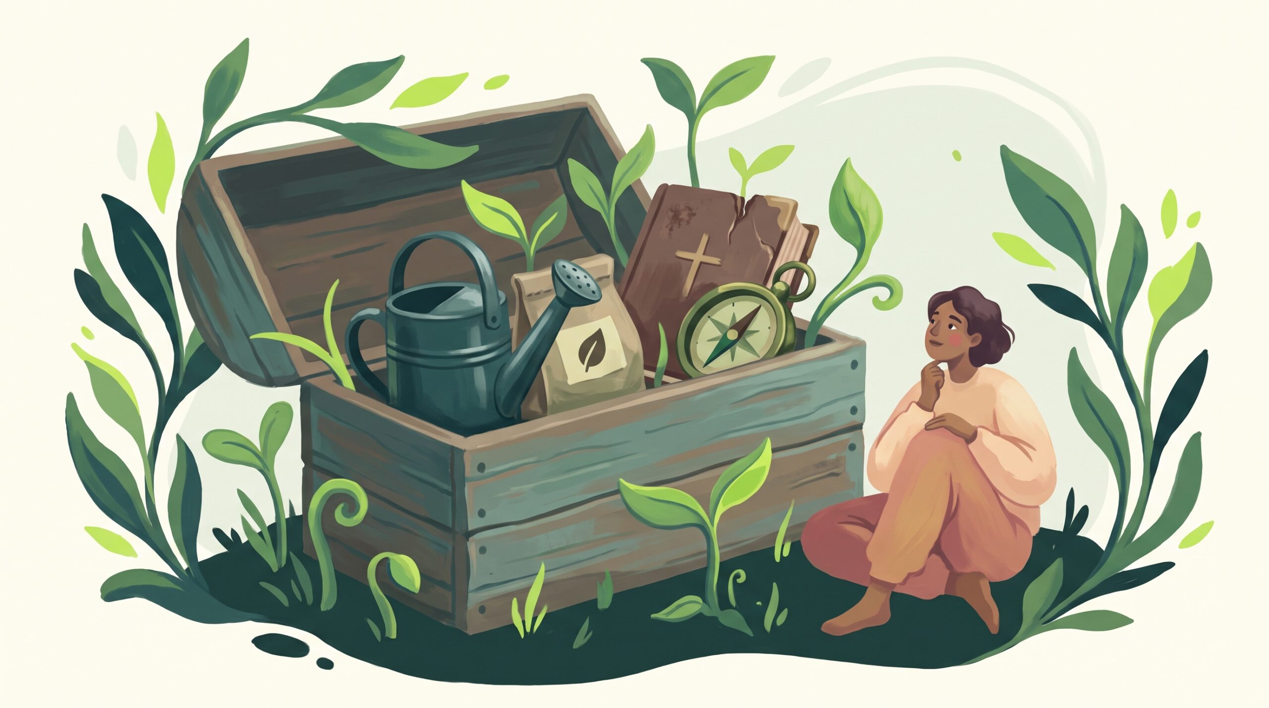 An open toolbox with growing plants and helpful tools