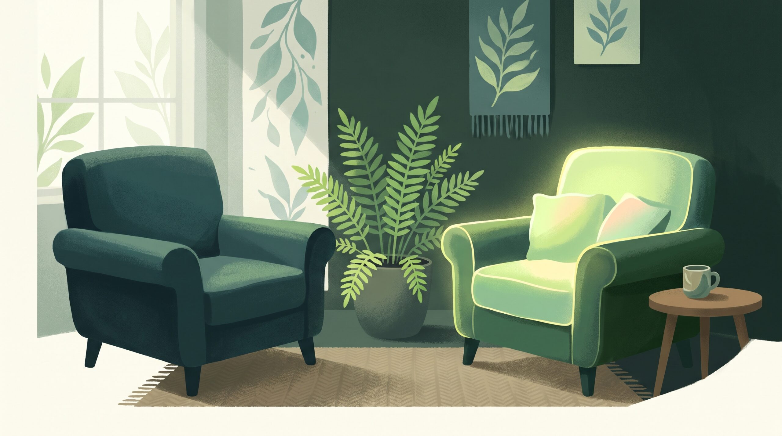 Two chairs facing each other under warm light