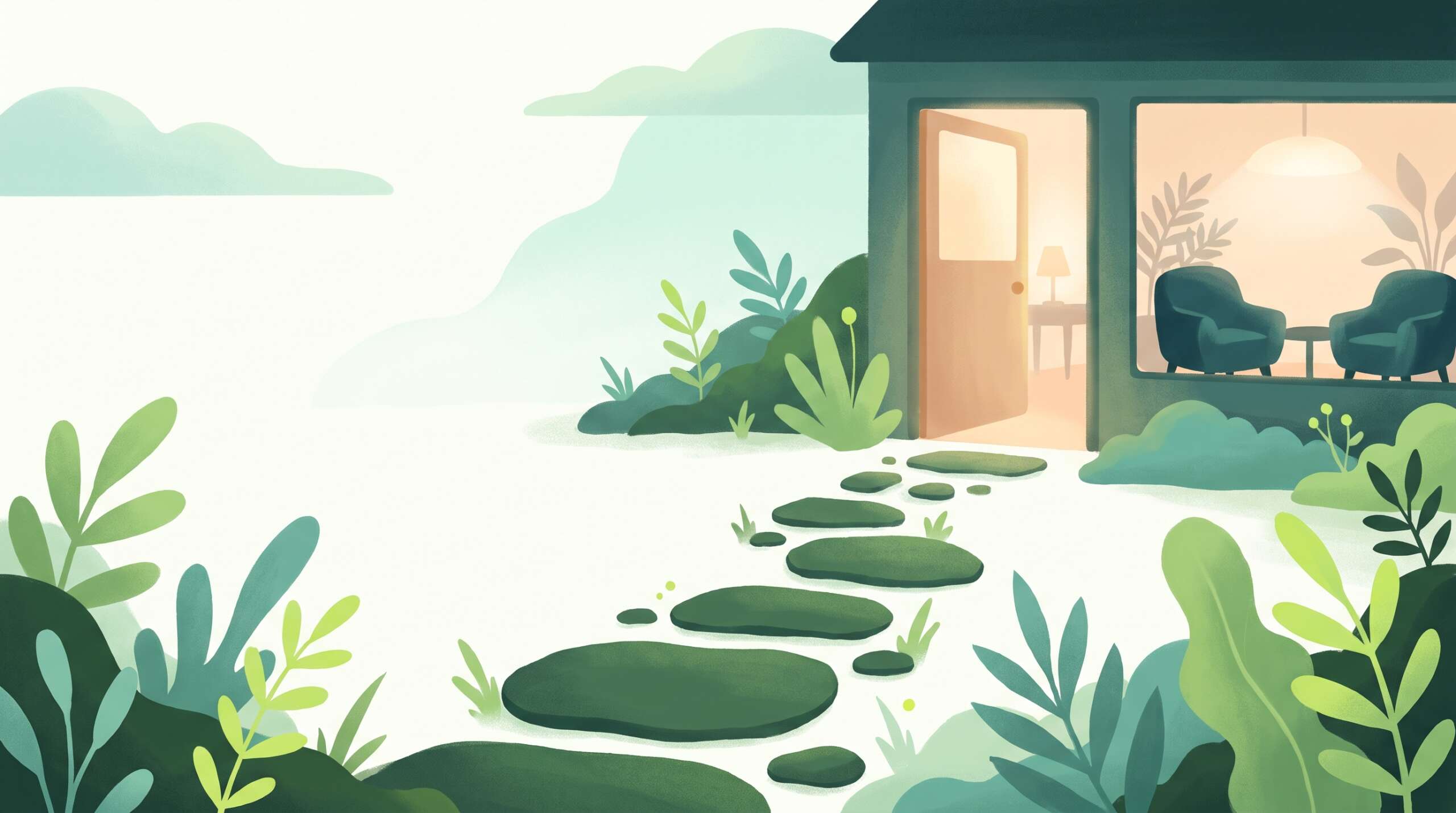Stepping stones leading into a warm counseling office — getting help with your first recovery plan