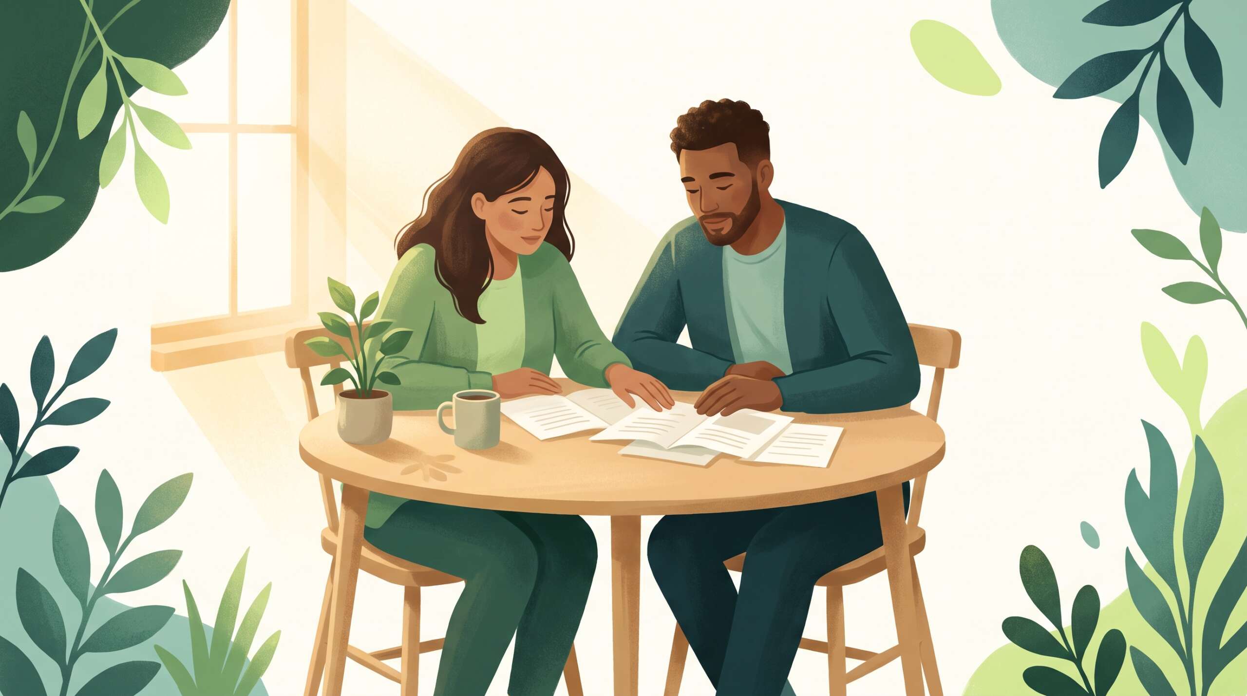 A husband and wife at a kitchen table reviewing pages together — sharing your recovery plan