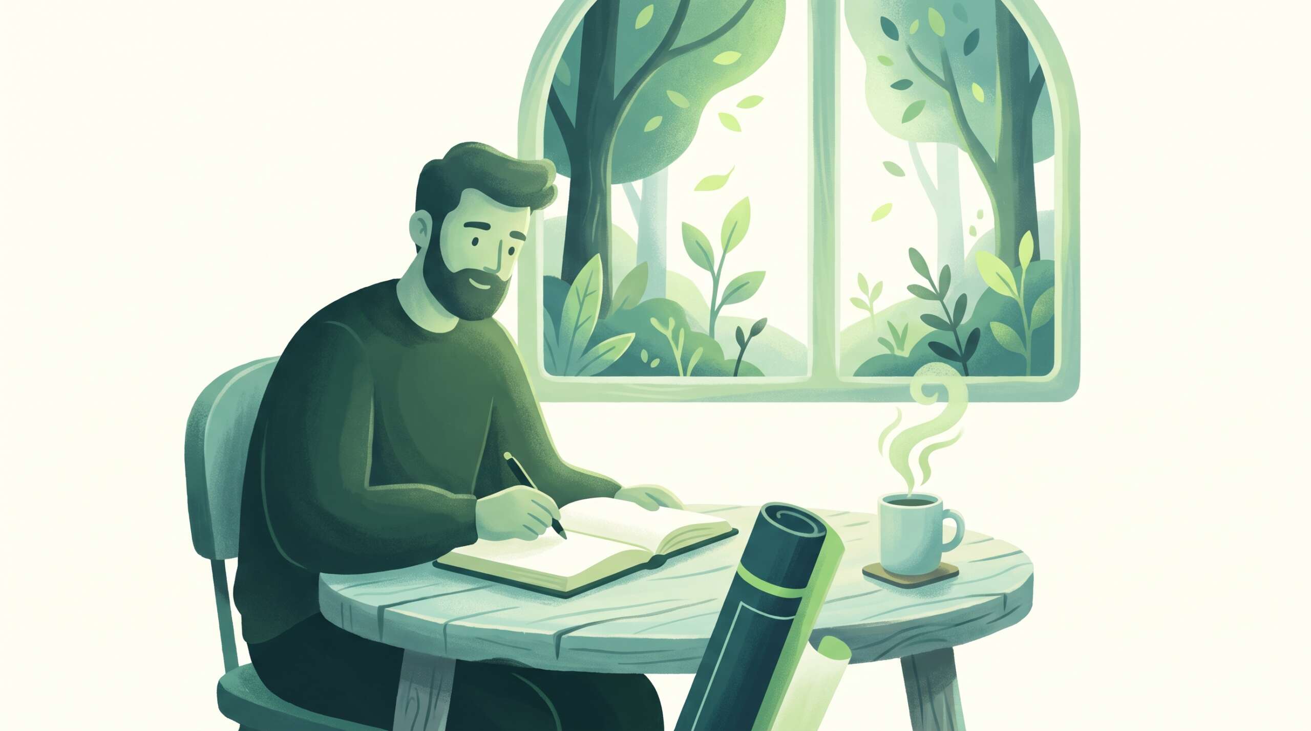 A man writing his plan in a journal at dawn beside a blank blueprint — a written plan beats willpower