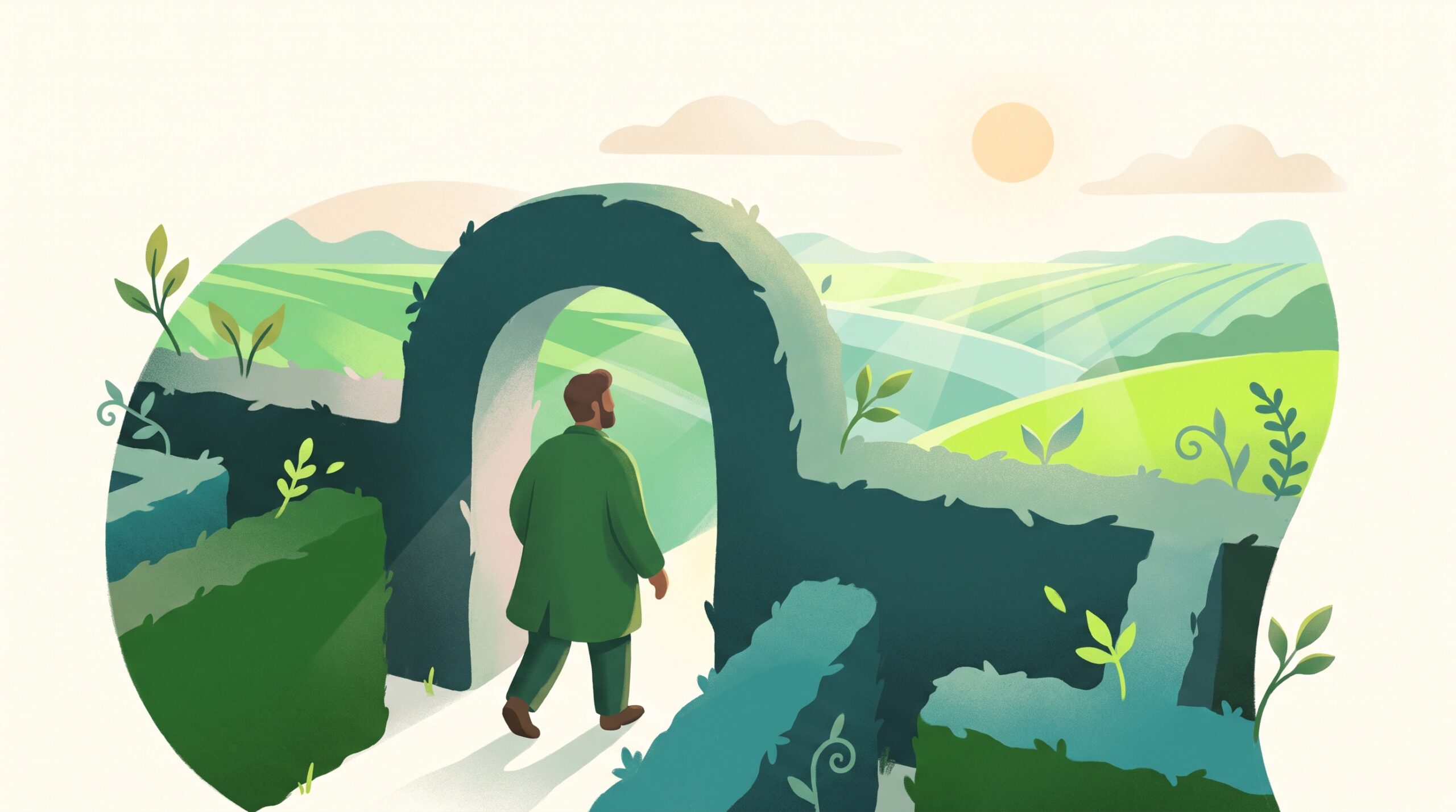 A man walking out of a maze into open morning light