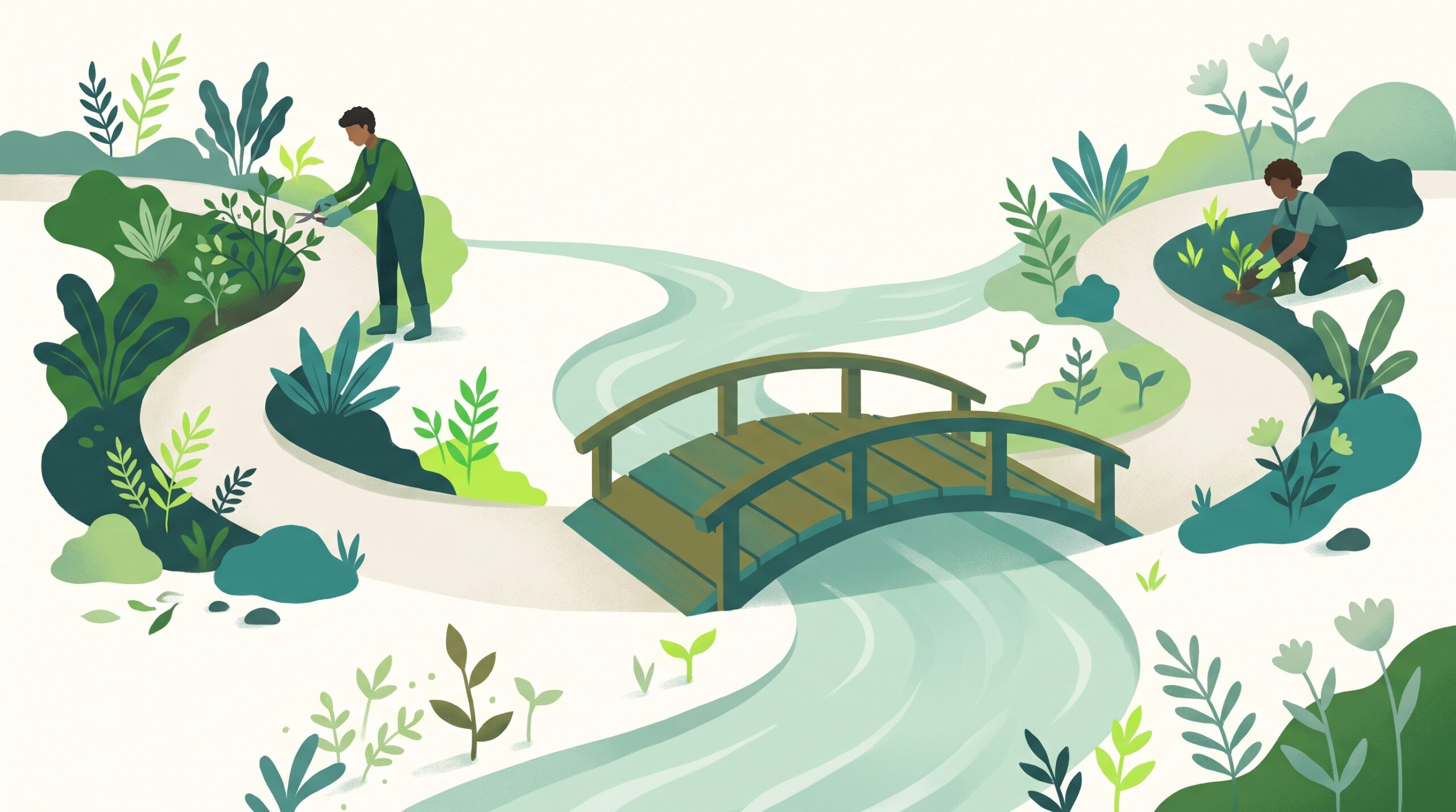 Two separate paths healing toward one bridge
