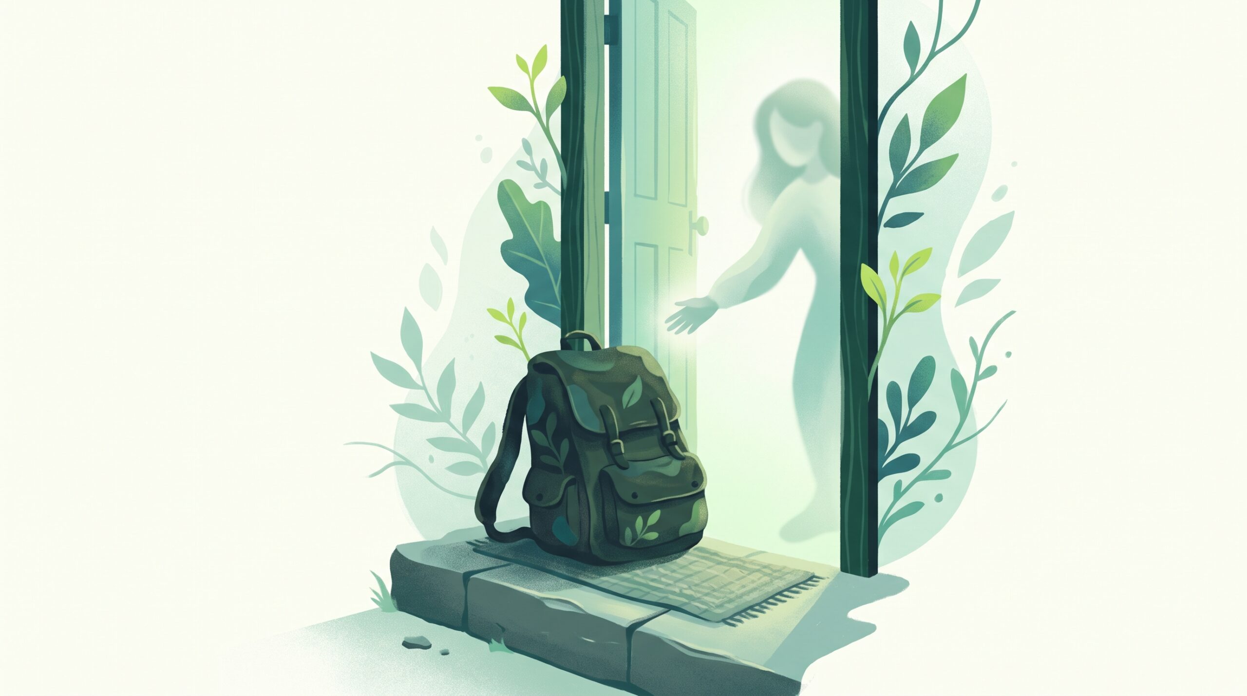 A heavy backpack set down at a doorstep