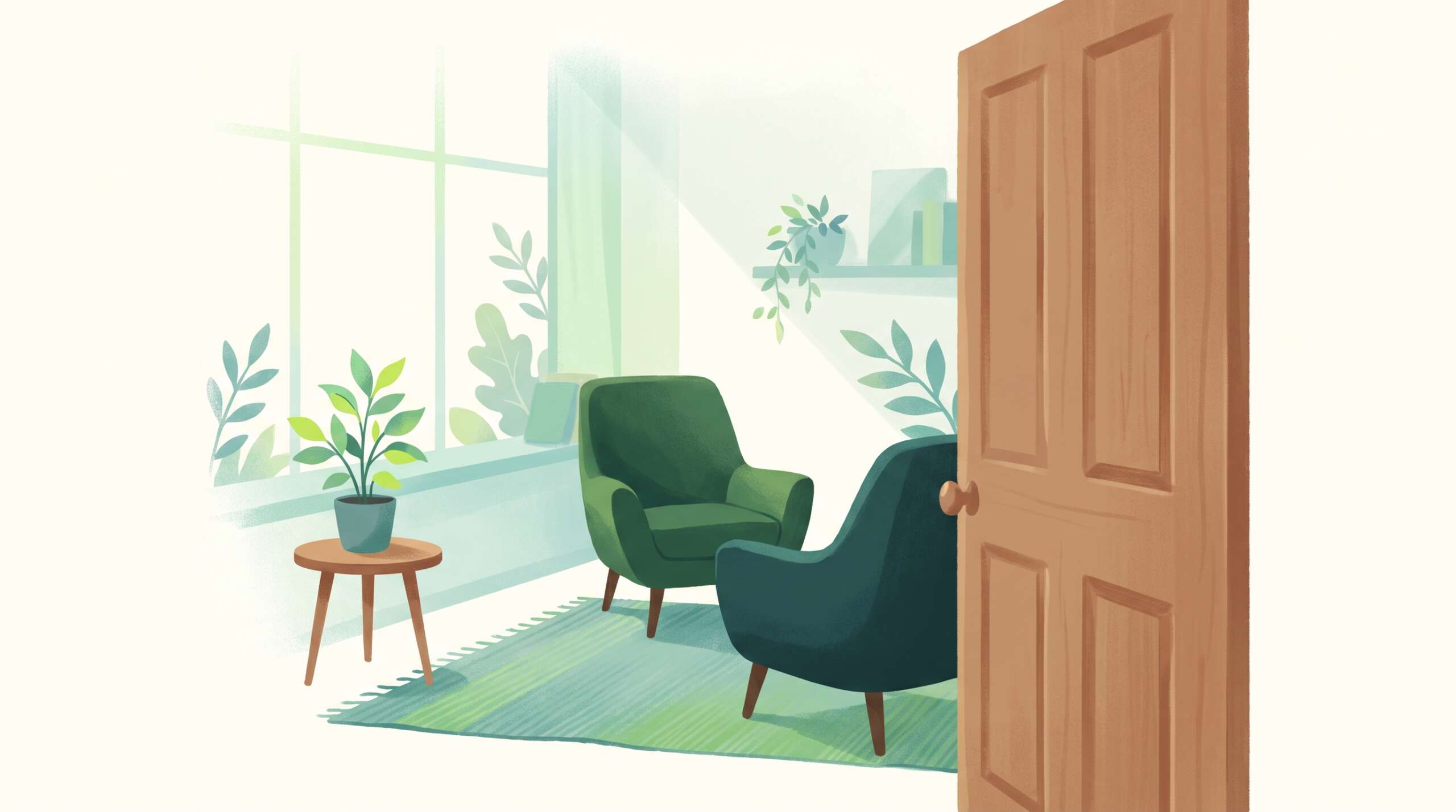 An open counseling-room door with warm light, an invitation to begin