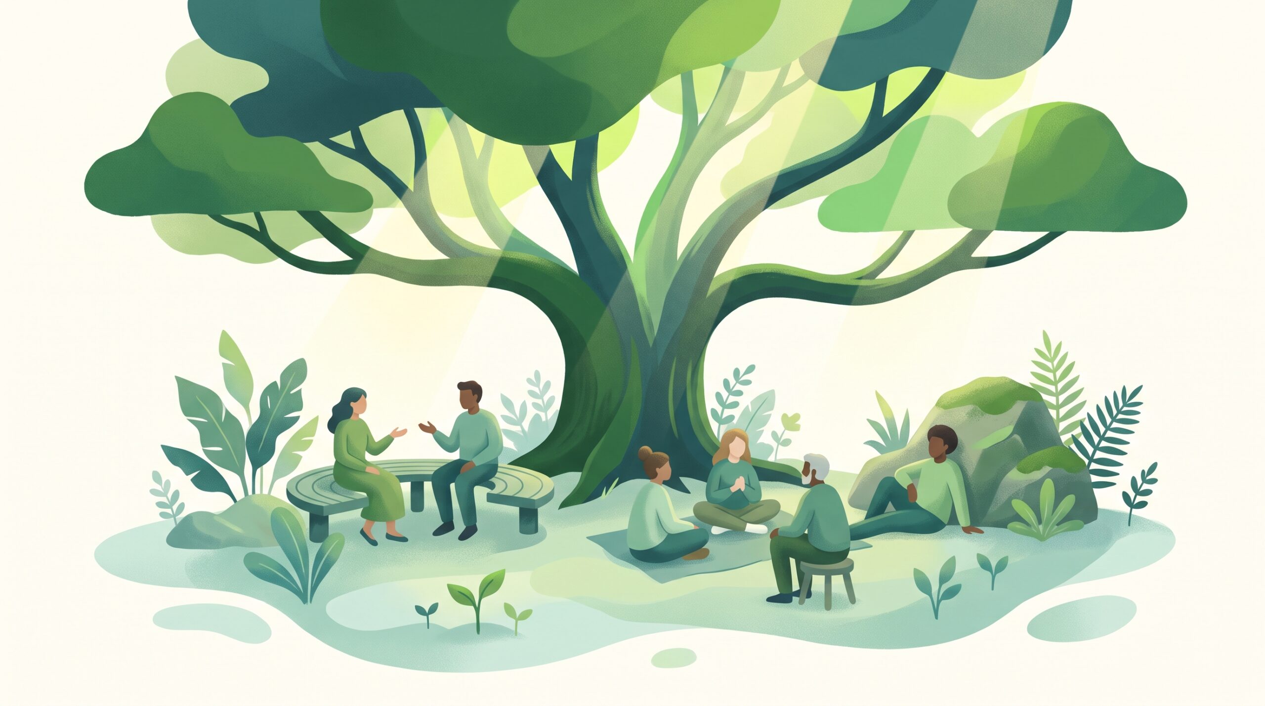 A tree with many healthy branches sheltering people