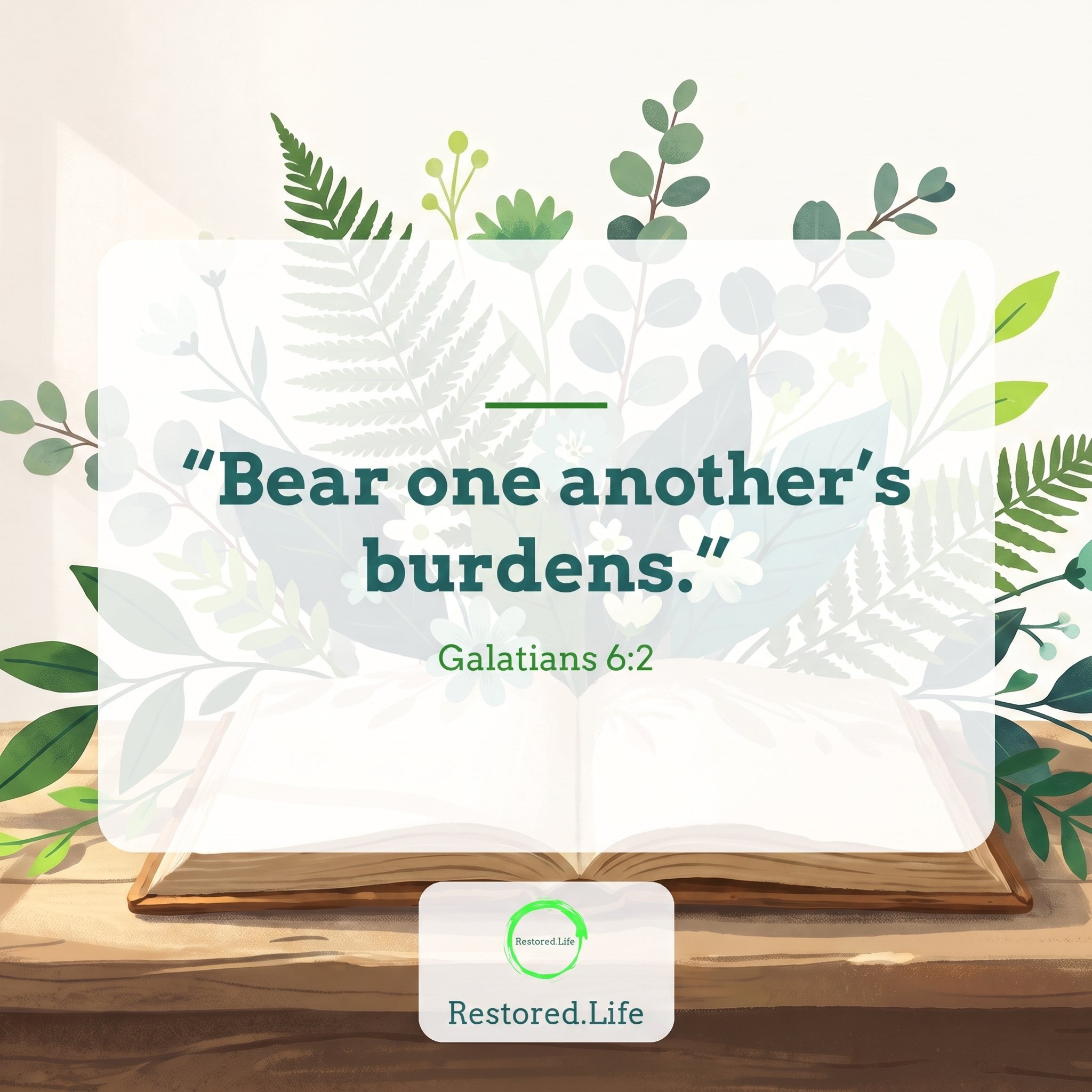 Quote card: Bear one another's burdens. Galatians 6:2, restored.life