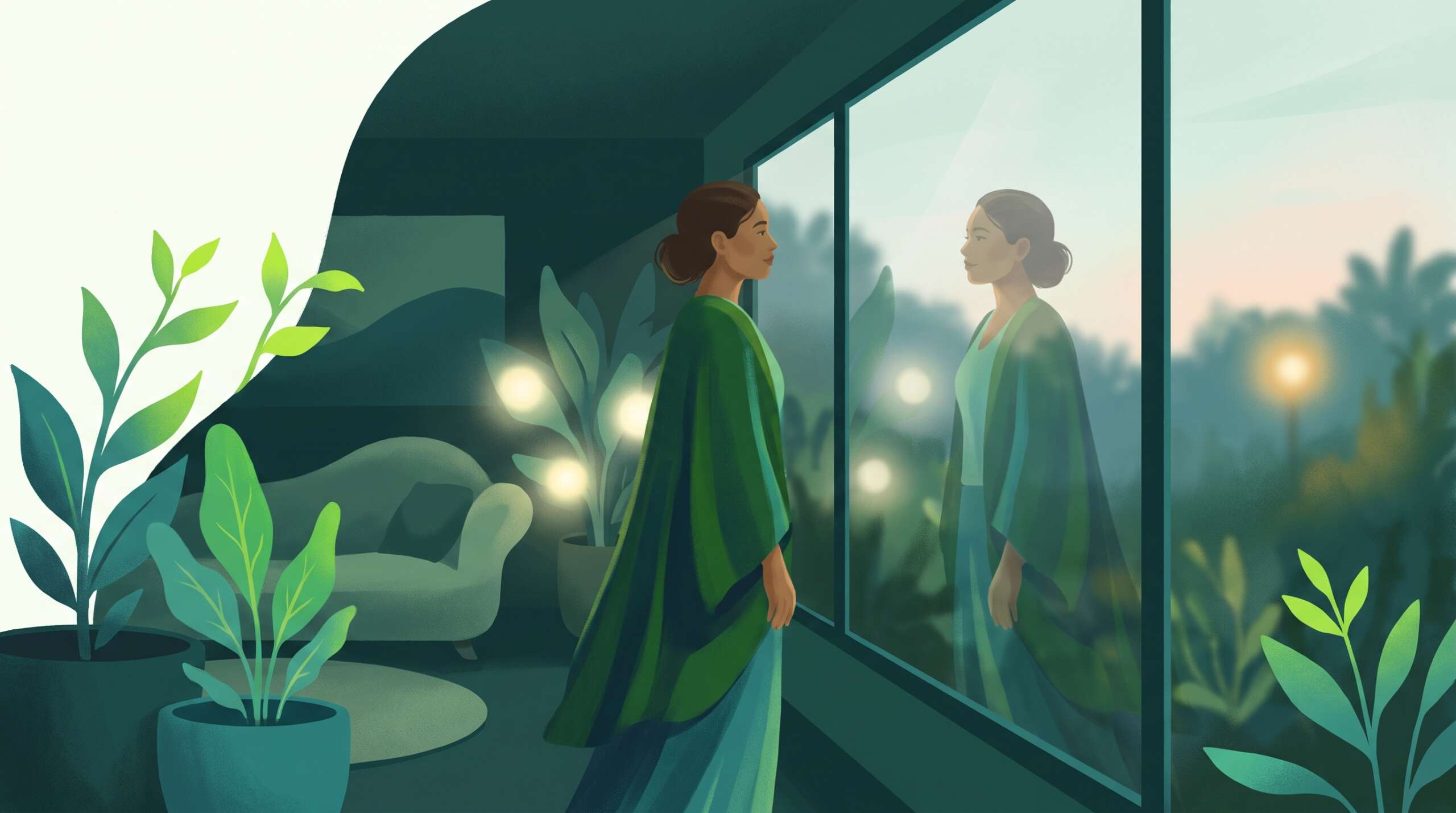 A woman meeting her own steady reflection in a window at dusk — trusting your own perception again