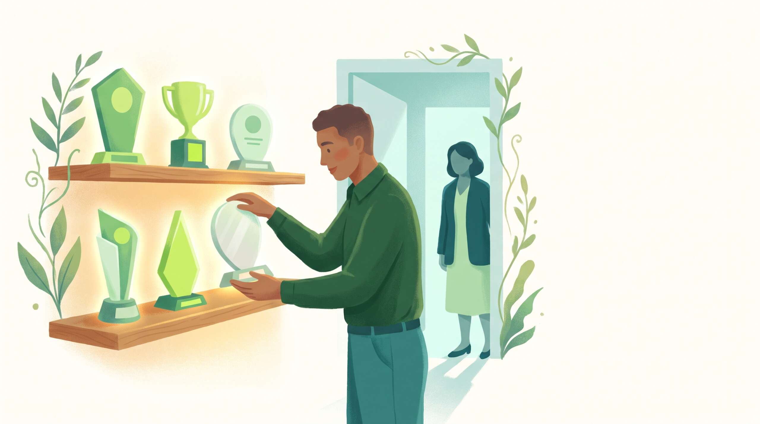 A man arranging a shelf of shining awards while a woman waits at the door unseen — goodness used as a shield