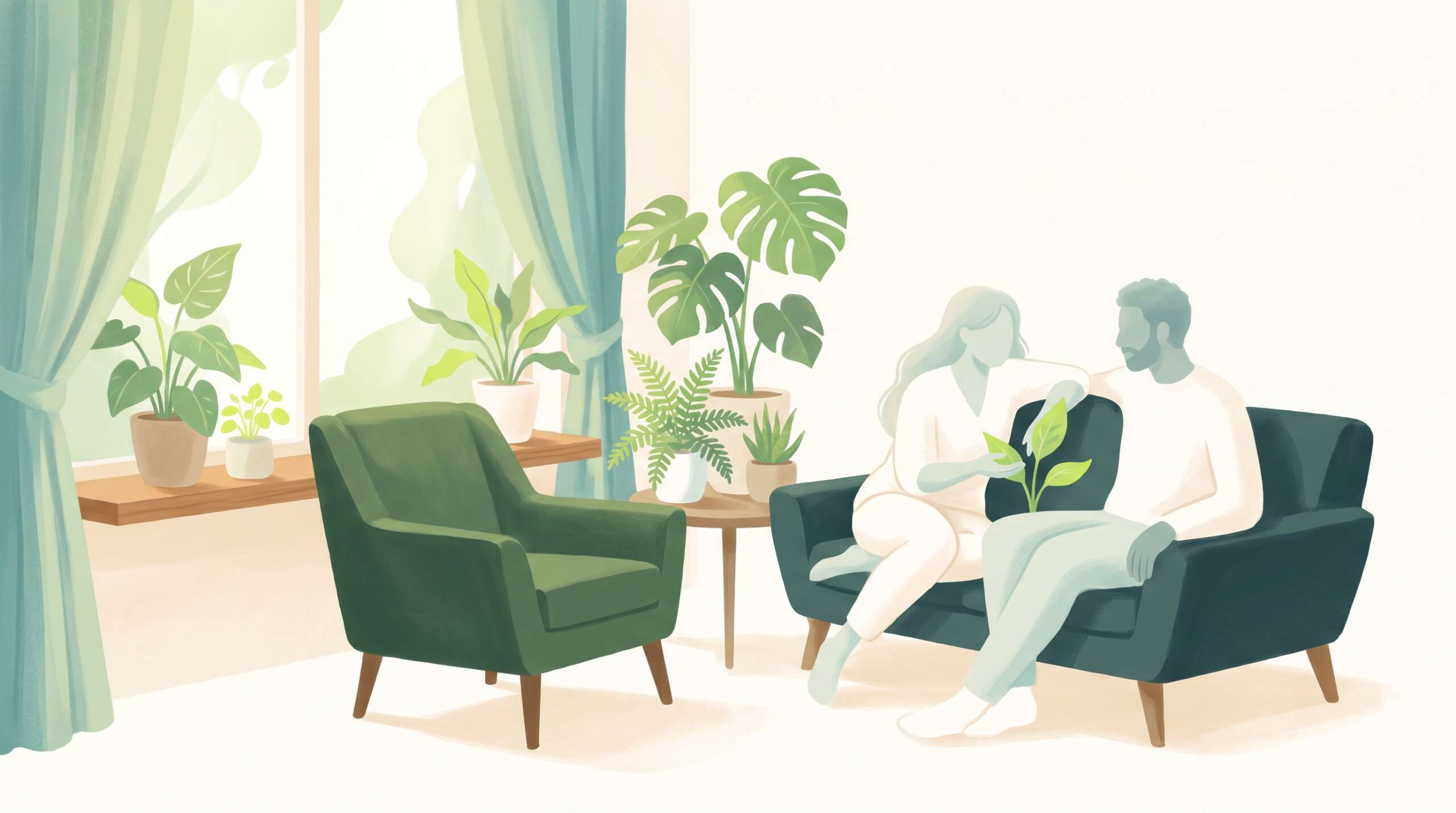 A welcoming counseling room with two comfortable chairs