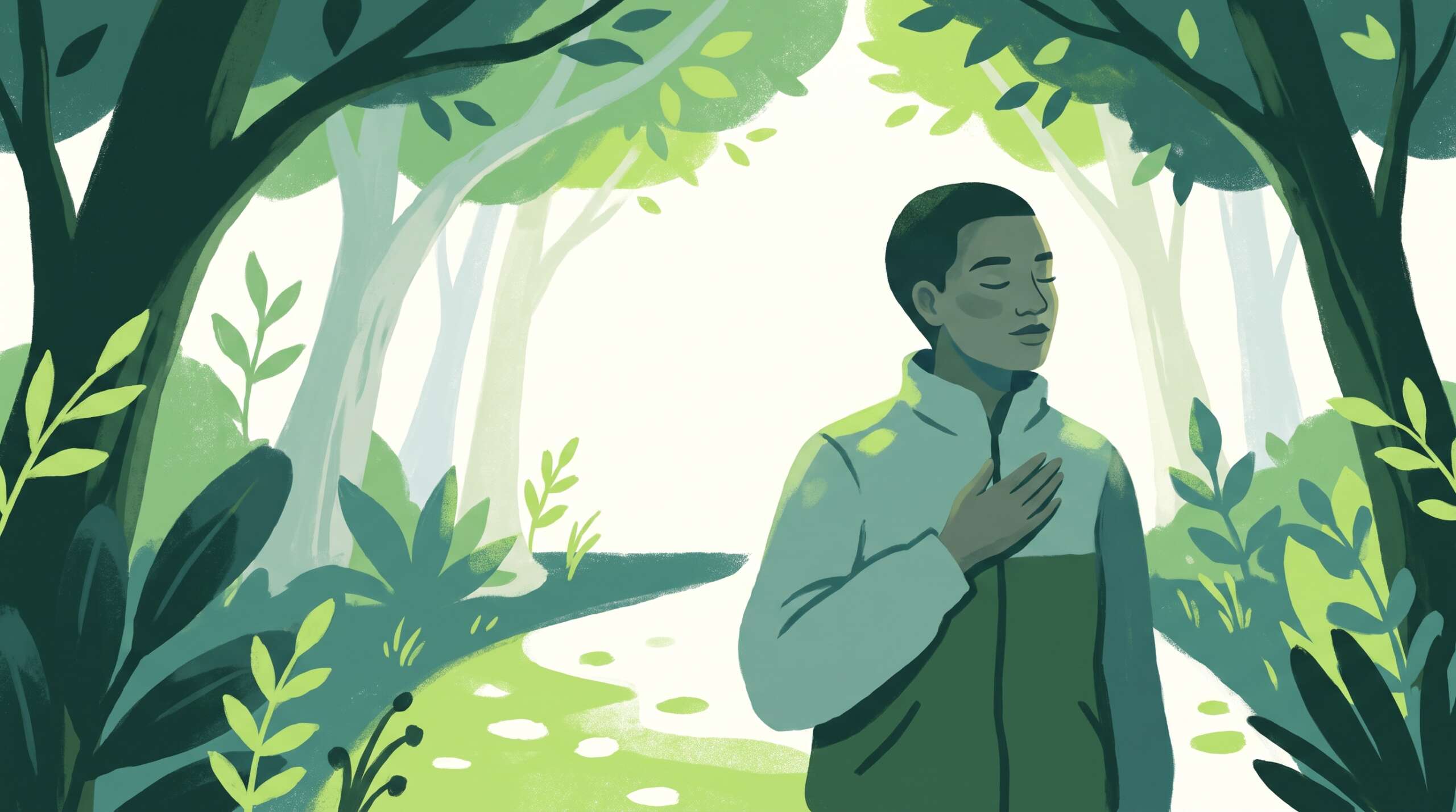 A person breathing deeply on a quiet walk under trees