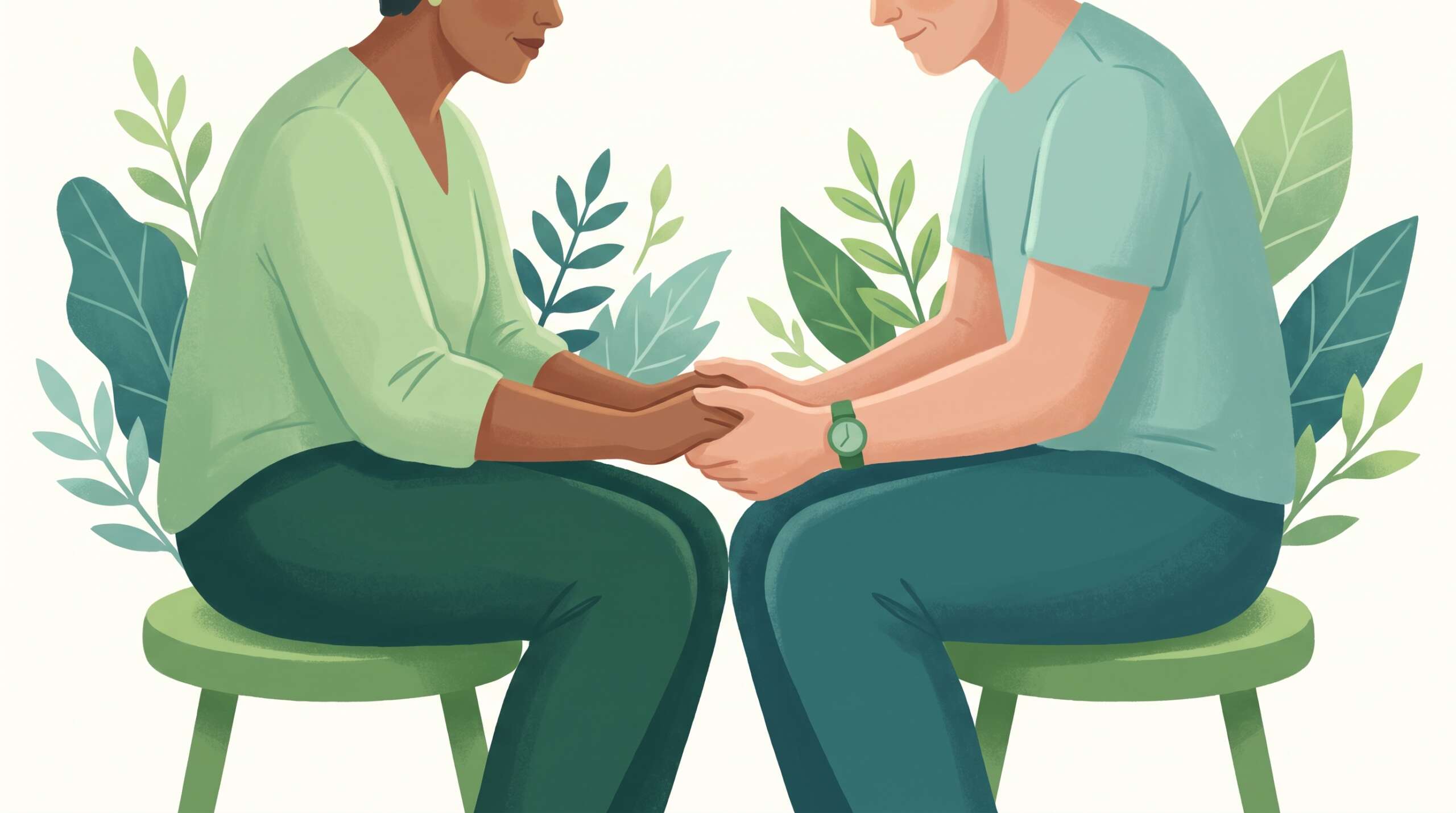 A couple seated face to face holding both hands