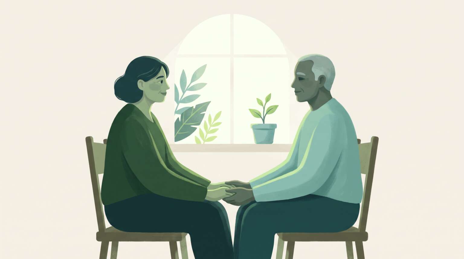 A couple sitting face to face, holding hands, in calm morning light