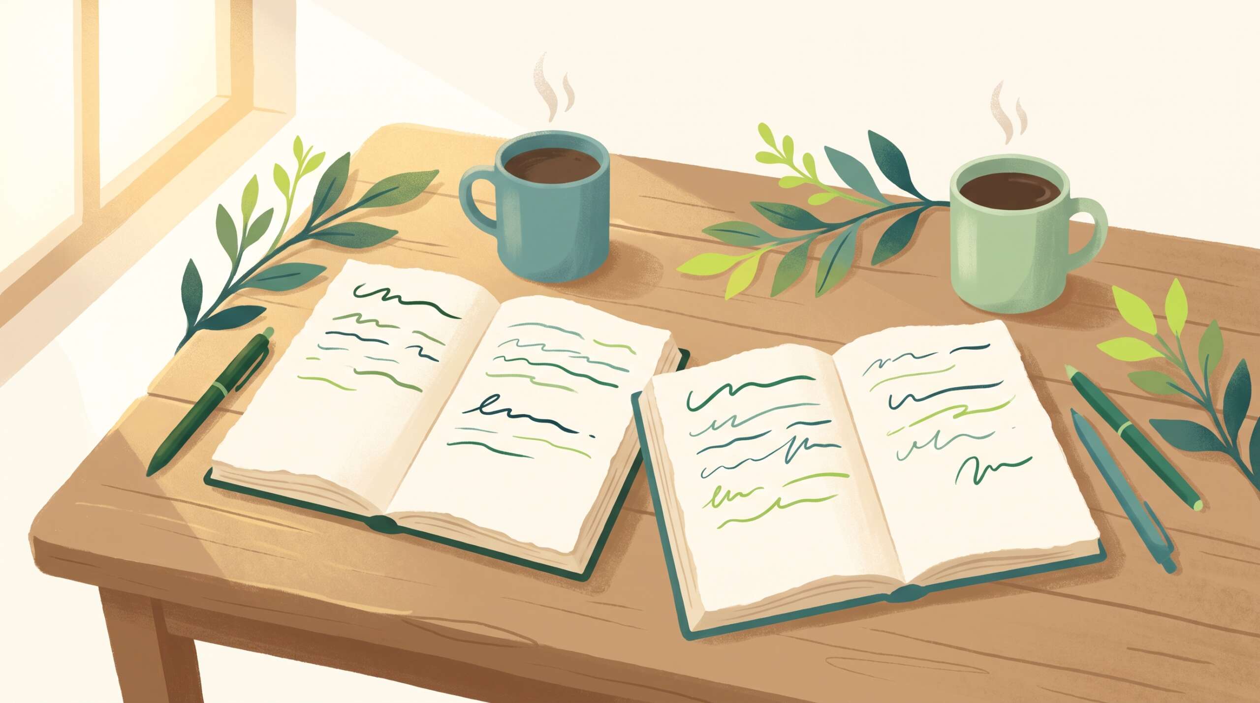 Two open journals side by side with pens and morning coffee