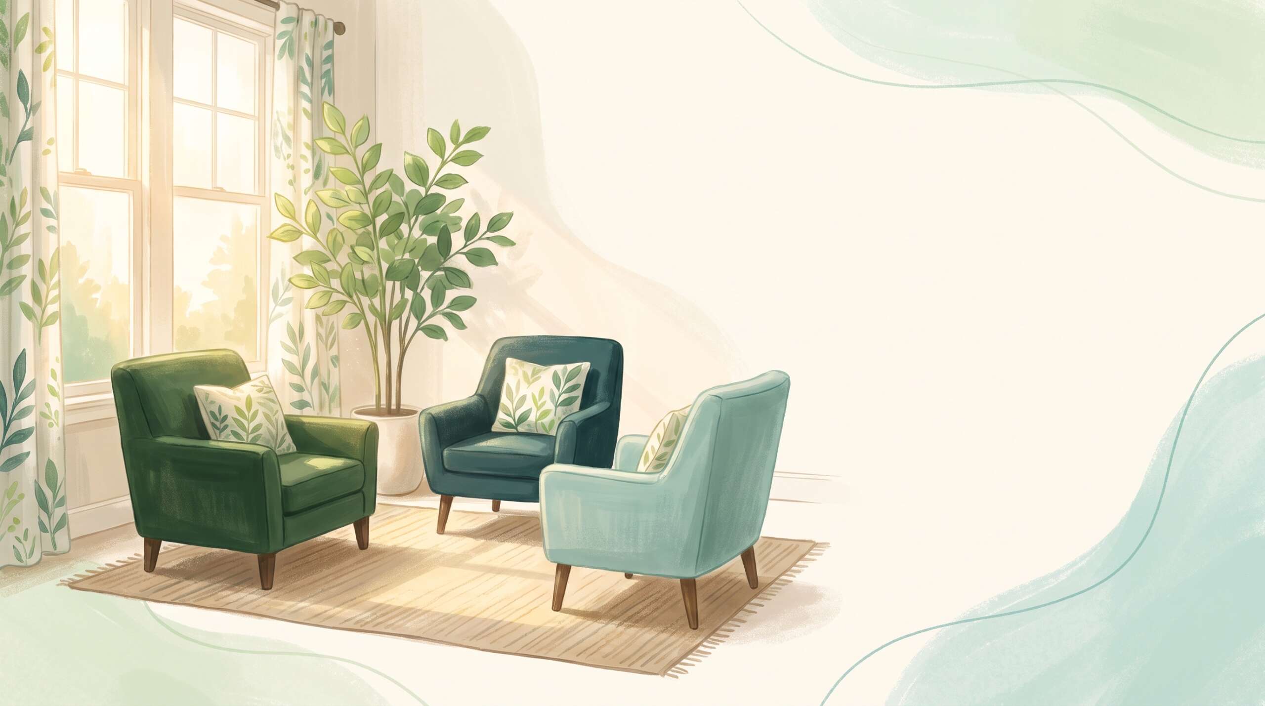 Three chairs in a small circle in a warm counseling room — you don't have to do this alone