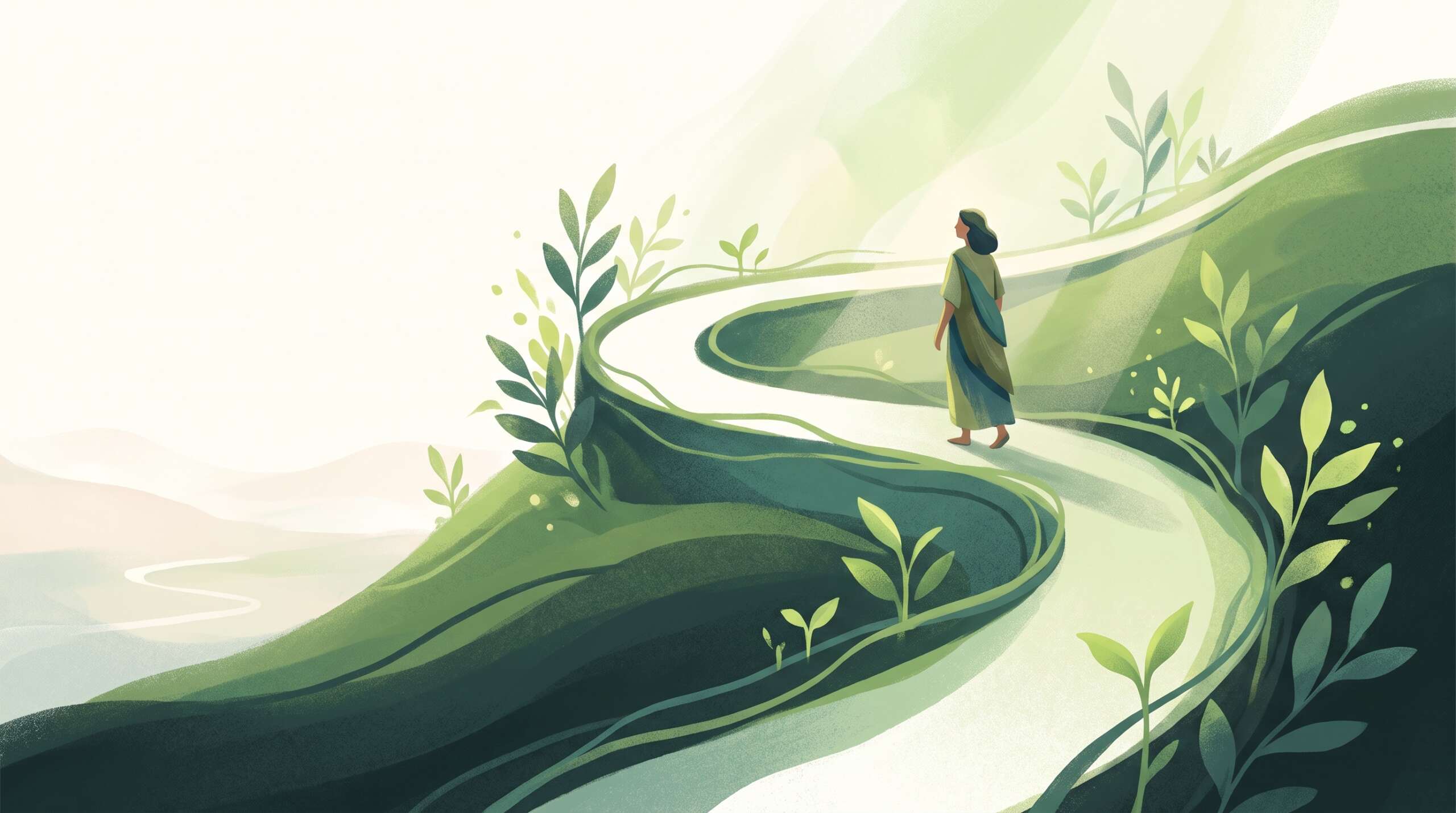 A spiral path climbing a gentle hill, walker looking back at the distance covered — grief loops, and still climbs