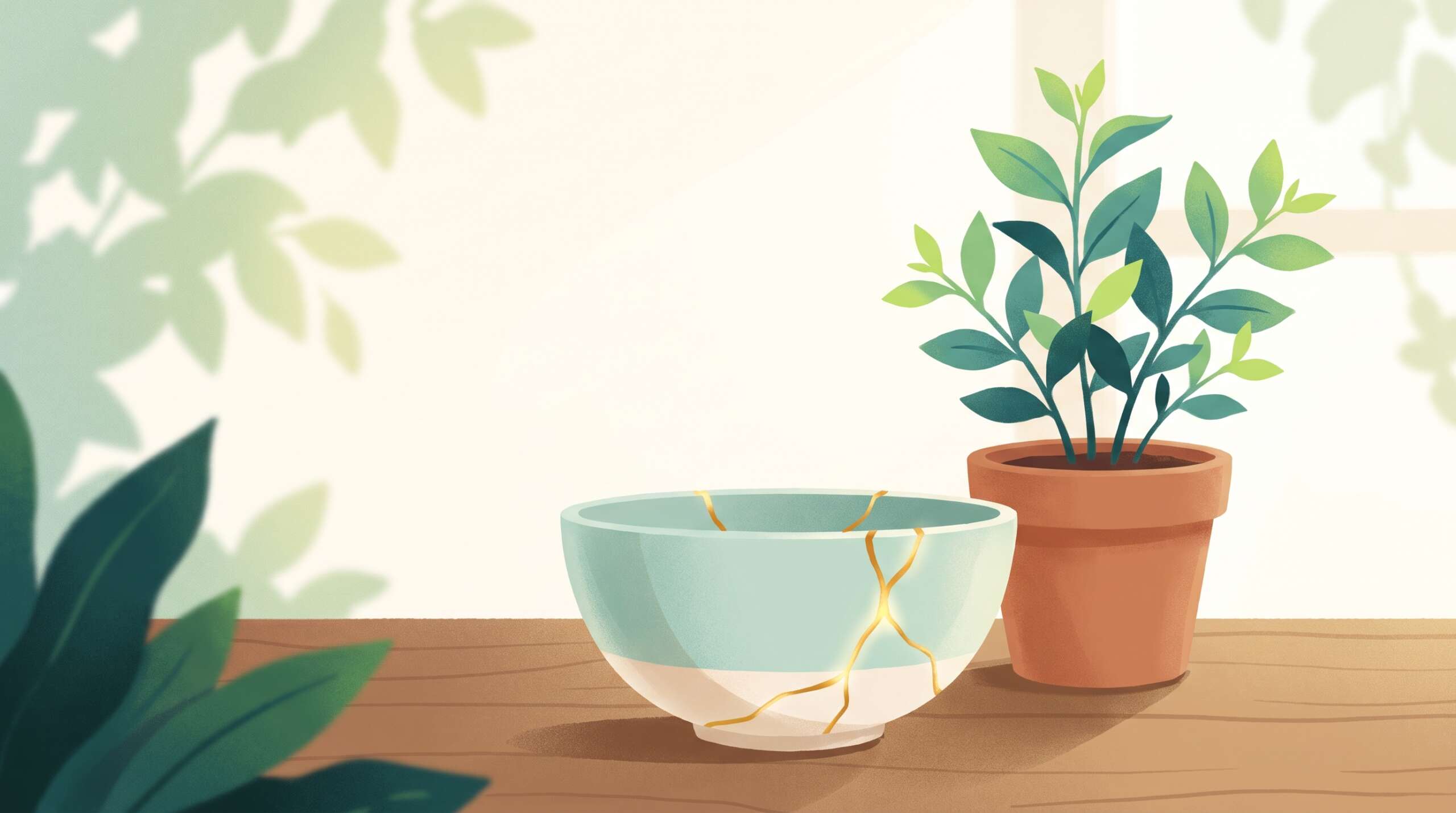 A bowl repaired with golden seams in morning light — recovery is really possible