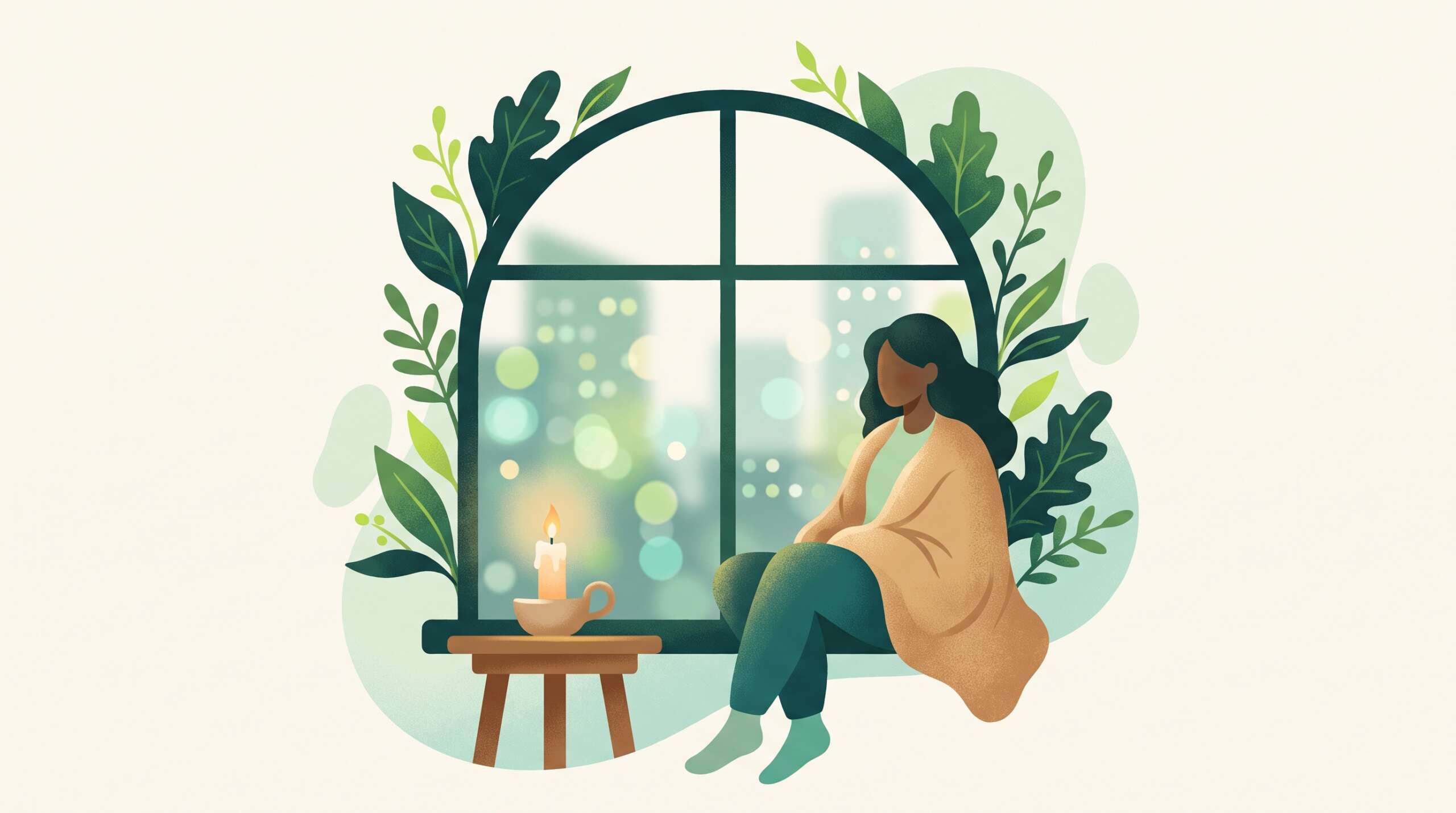 A woman awake at night by a window wrapped in a blanket, a candle lit — betrayal trauma functions like PTSD