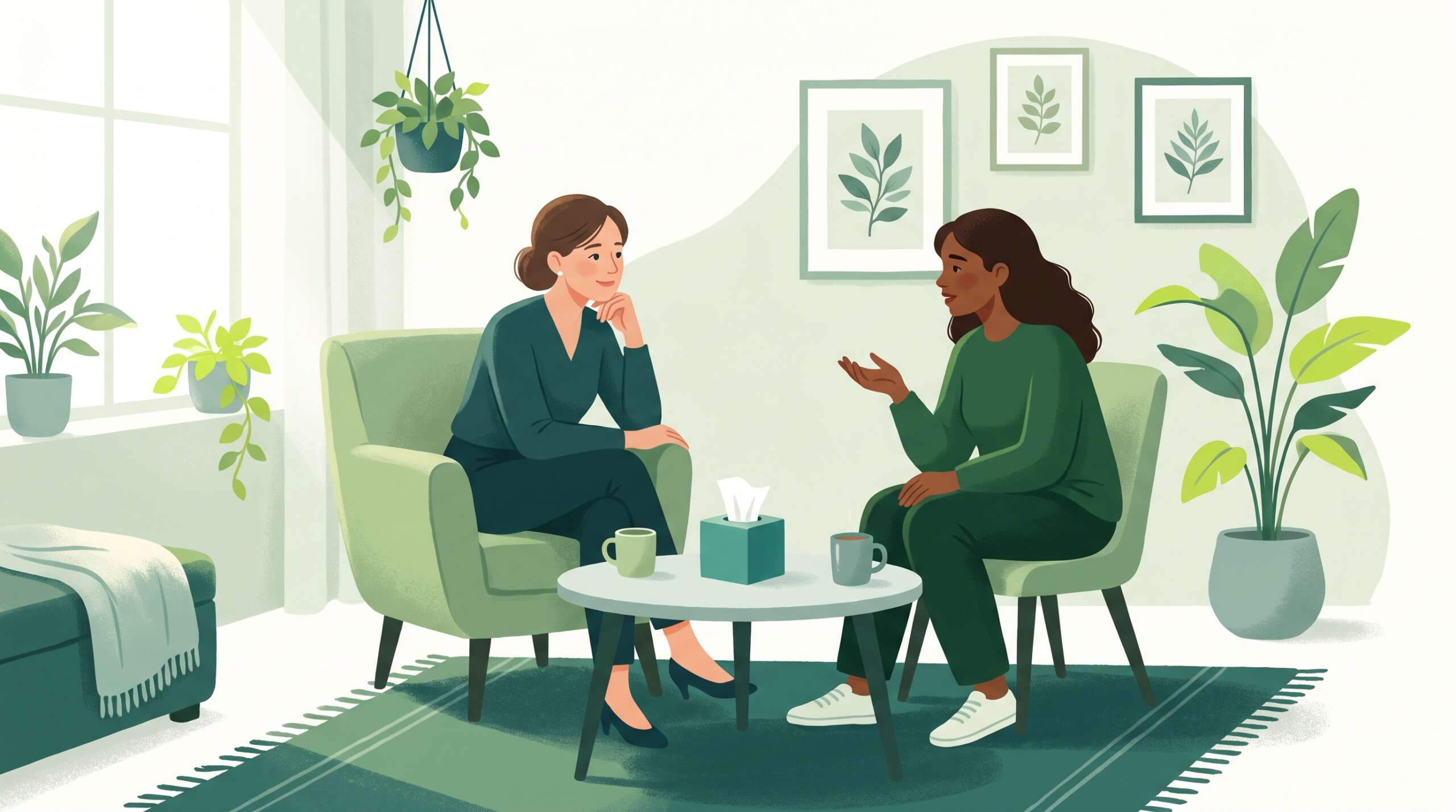 A counselor leaning forward, listening intently — betrayal trauma deserves real care