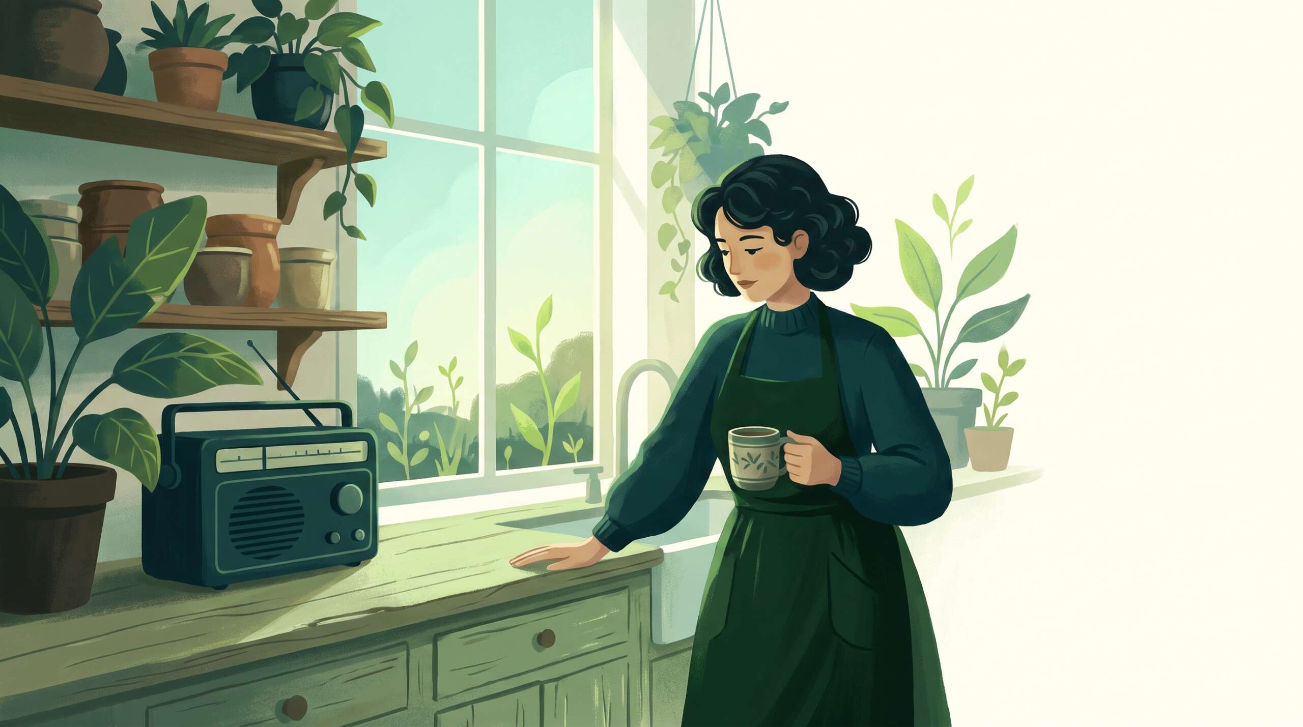 A woman pausing mid-task in a kitchen at dusk as an old radio plays — triggers echo the discovery