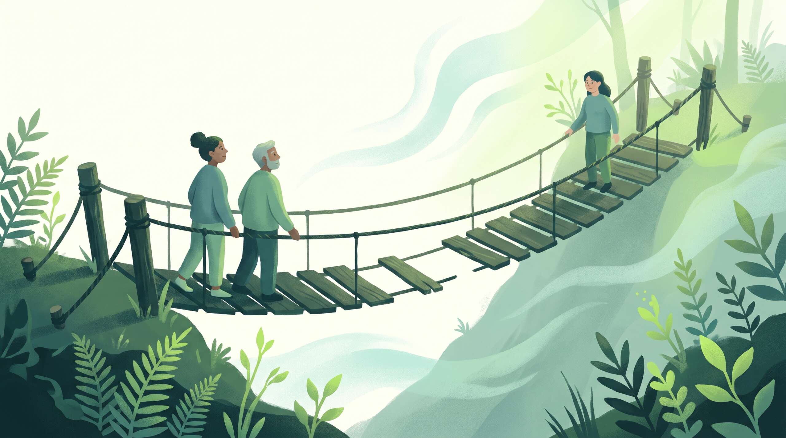 A rope bridge with missing planks, still anchored on both sides — betrayal strikes the bridge you stood on