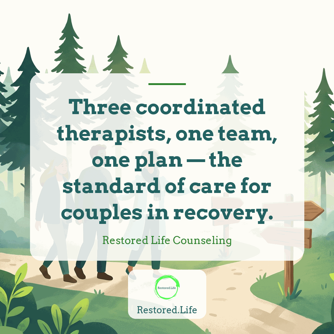 Three coordinated therapists, one team, one plan — the standard of care for couples in recovery. — Restored Life Counseling