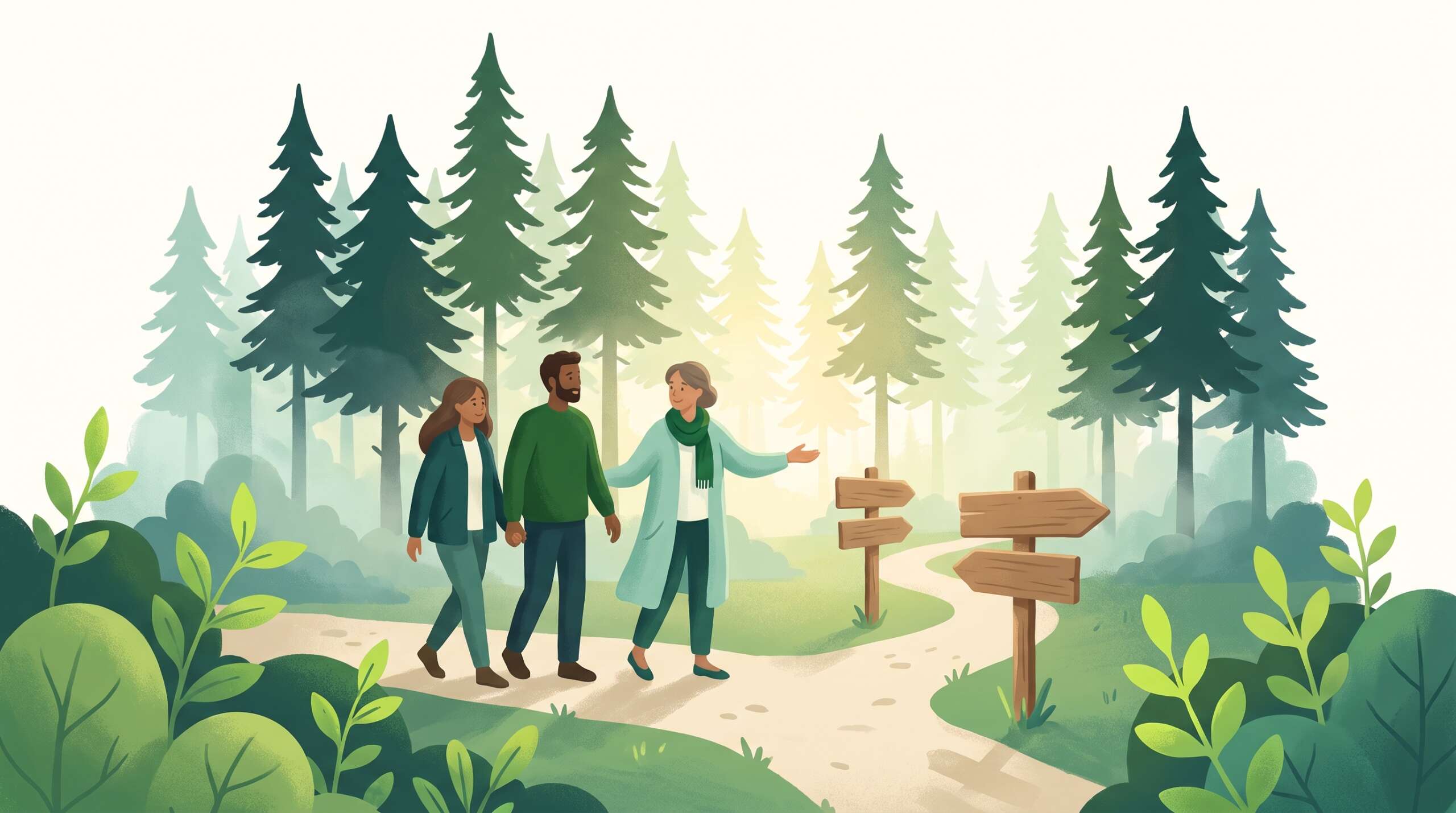 A counselor points a couple toward signposted paths among Pacific Northwest evergreens — Washington referral partners